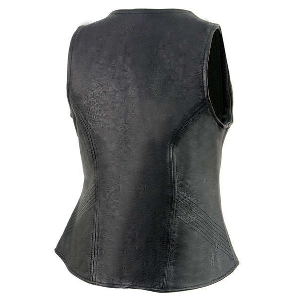 Milwaukee Leather MLL4530 Women's Black Leather Open Neck Motorcycle Rider Vest W/ Front Zip and Stitching detail
