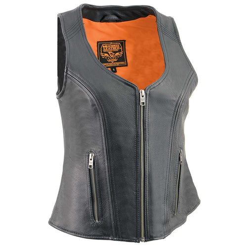 Milwaukee Leather MLL4530 Women's Black Leather Open Neck Motorcycle Rider Vest W/ Front Zip and Stitching detail