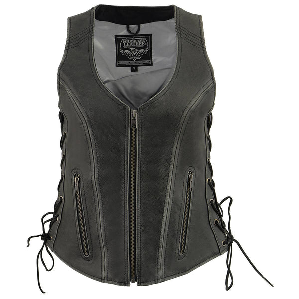 Milwaukee Leather MLL4531 Women's V-Neck Distress Grey Premium Leather Motorcycle Rider Vest w/ Side Laces
