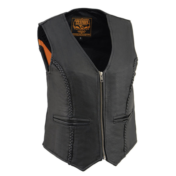 Milwaukee Leather MLL4550 Women's Black Naked Leather Classic Braided Deep V-Neck Motorcycle Rider Vest W/Front Zip