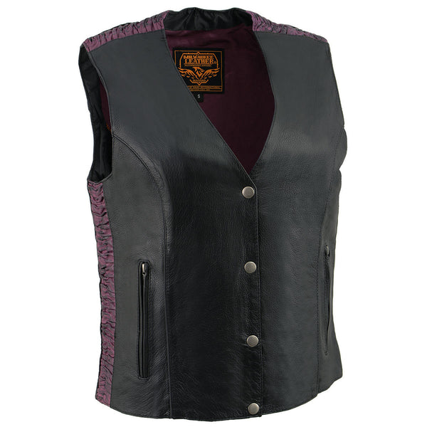 Milwaukee Leather MLL4570 Women's Studded Phoenix Black/Purple Leather Motorcycle Vest w/ Embroidery Art