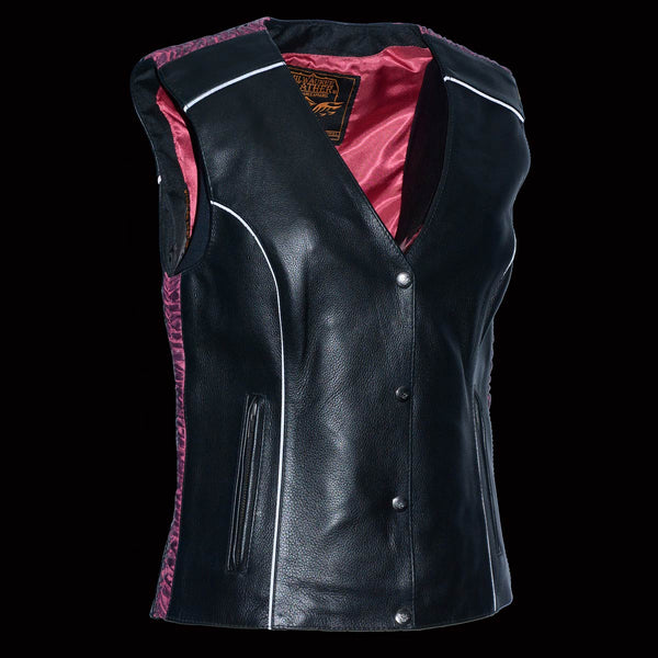 Milwaukee Leather MLL4570 Women's Studded Phoenix Black/Purple Leather Motorcycle Vest w/ Embroidery Art