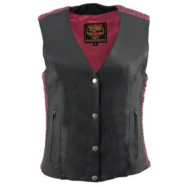 Milwaukee Leather MLL4570 Women's Studded Phoenix Black/Fuchsia Leather Motorcycle Vest w/ Embroidery Art