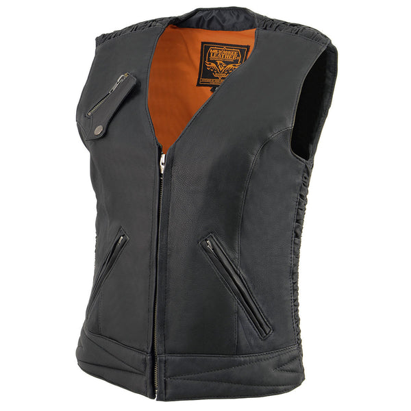Milwaukee Leather MLL4571 Women's Black Lightweight Motorcycle Leather Vest w/ Crinkled Leather Design