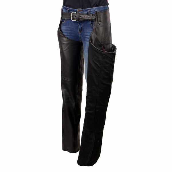 Milwaukee Leather Chaps for Women Black Naked Skin Purple Crinkled Stripes- Reflective Trim Motorcycle Chap MLL6500