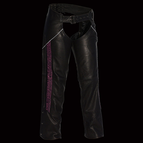 Milwaukee Leather Women's Black and Fuchsia Leather Hip Set Chaps w/ Crinkled Leg Striping MLL6500