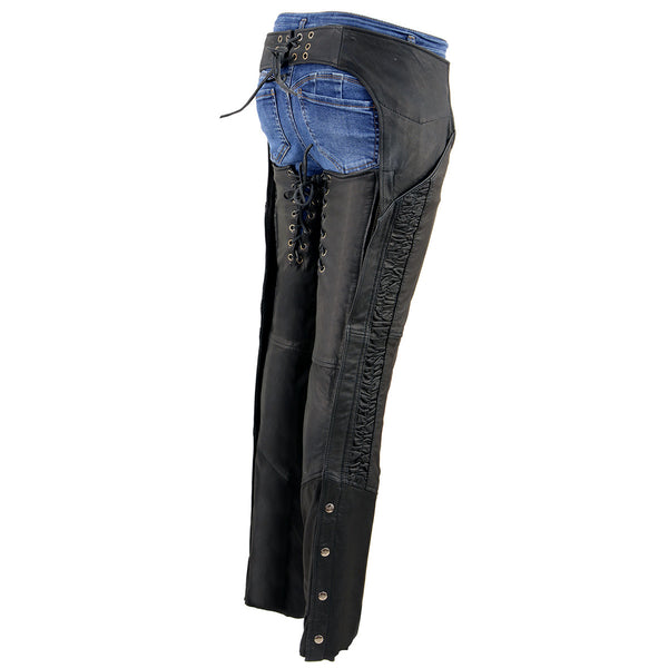 Milwaukee Leather Chaps for Women Black Lightweight Goat Skin- Crinkled Stripes Reflective Motorcycle Chap- MLL6501