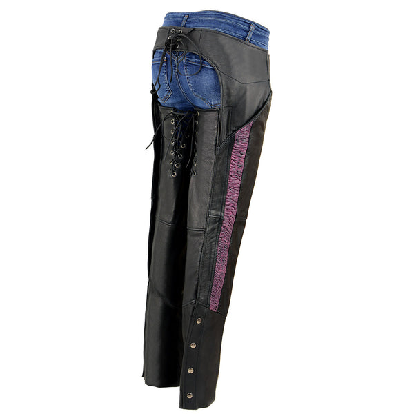 Milwaukee Leather Chaps for Women Black Lightweight Goat Skin- Crinkled Stripes Reflective Motorcycle Chap- MLL6501