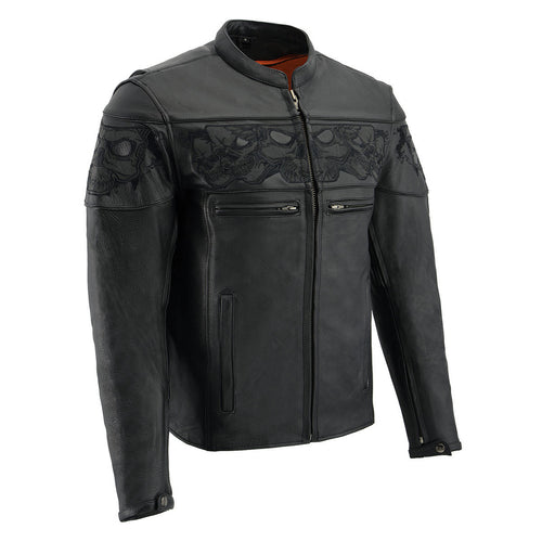 Milwaukee Leather MLM1500 Men's Crossover Black Leather Scooter Jacket with Reflective Skulls