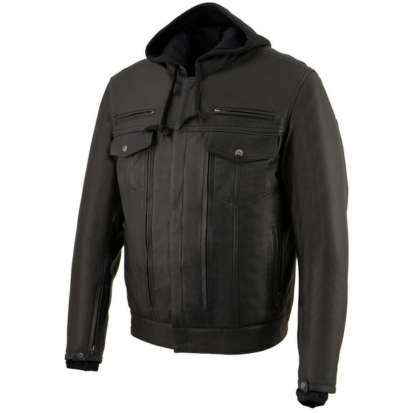 Milwaukee Leather MLM1537 Men's Black Leather ‘Utility Pocket’ Vented Jacket with Removable Hoodie