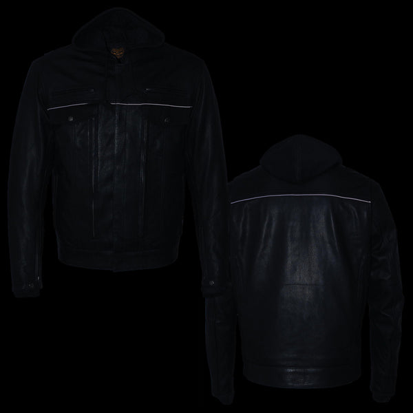 Milwaukee Leather MLM1537 Men's Black Leather ‘Utility Pocket’ Vented Jacket with Removable Hoodie