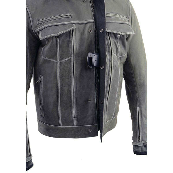 Milwaukee Leather MLM1539 Men's Distressed Grey Leather ‘Utility Pocket’ Vented Jacket with Removable Hoodie