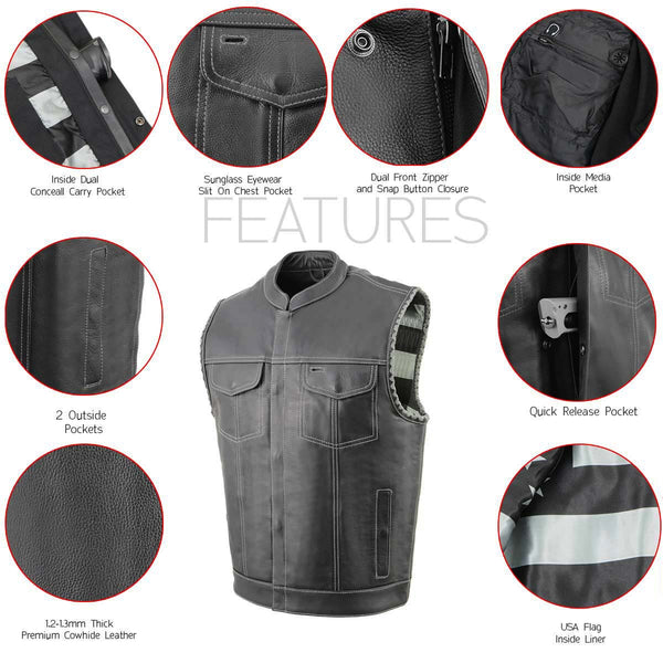 Milwaukee Leather MLM3507 Men's Old Glory Black Naked Leather Club Style Vest w/ Grey Stitching Laced Armholes