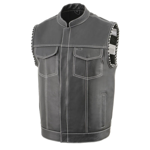 Milwaukee Leather MLM3509 Men's Black Naked Leather Vest - Old Glory Laced Armholes White Stitching Club Style Vest