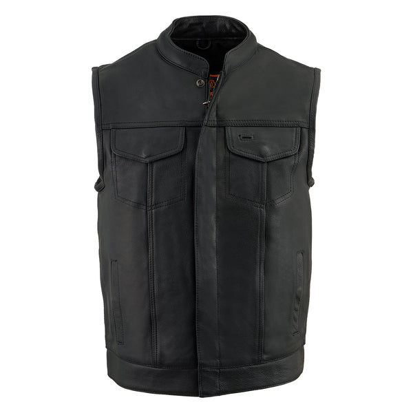Milwaukee Leather MLM3510 Men's Black Naked Leather Club Style Vest - Dual Closure Open Neck Motorcycle Rider Vest