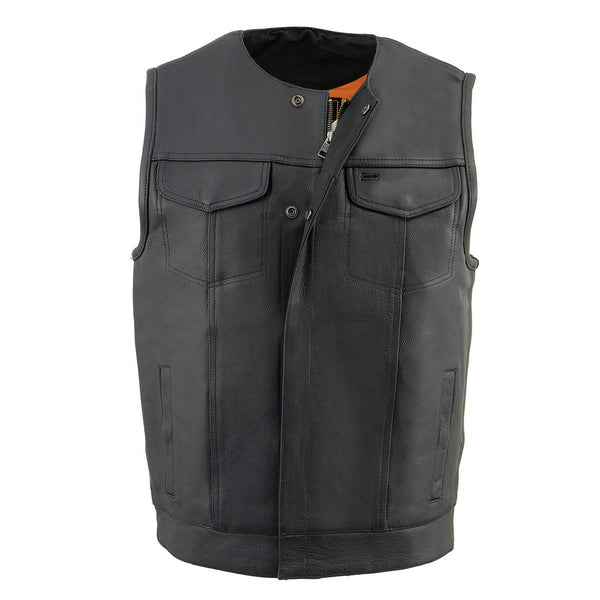Milwaukee Leather MLM3511 Men's Black Collarless Snap/Zipper Club Style Motorcycle Leather Vest