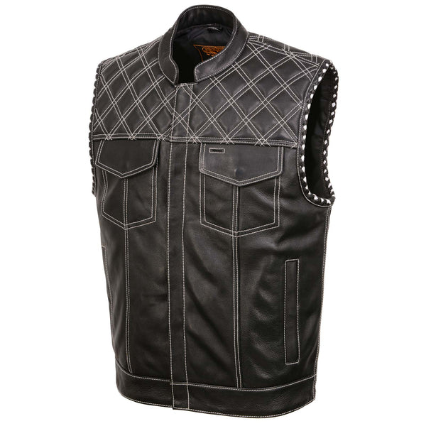 Milwaukee Leather MLM3525 Men's Black 'Paisley' Accented White Stitching Leather Vest – w/Armhole Trim Open Collar Design