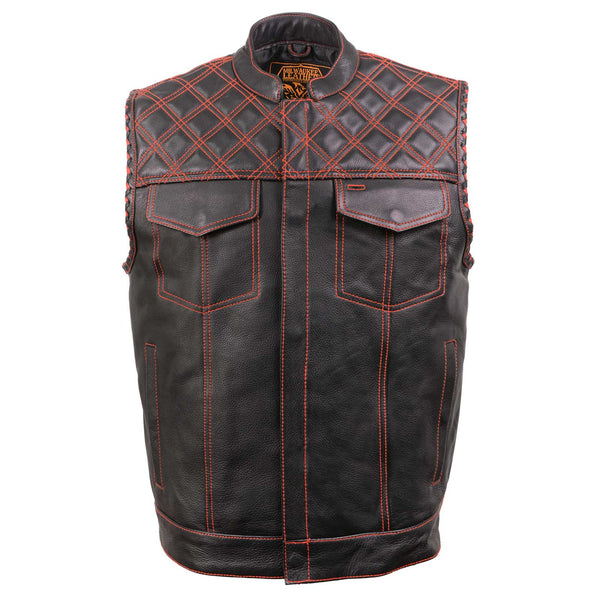 Milwaukee Leather MLM3526 Men's Black 'Paisley' Accented Red Stitching Leather Vest – w/ Armhole Trim Open Collar Design