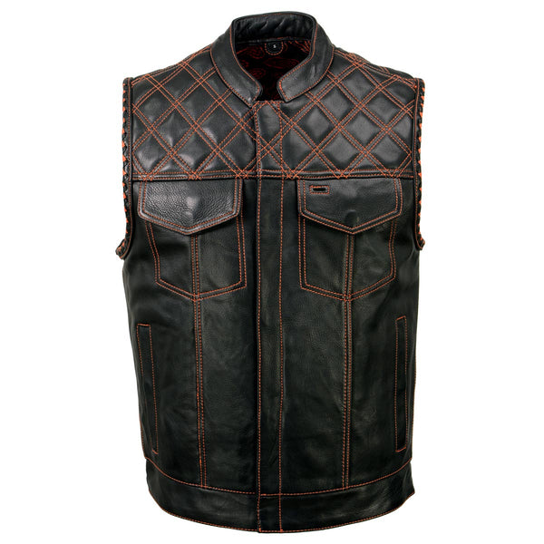 Milwaukee Leather MLM3527 Men's Black 'Paisley' Accented w/ Orange Stitching Leather Vest – / Armhole Trim