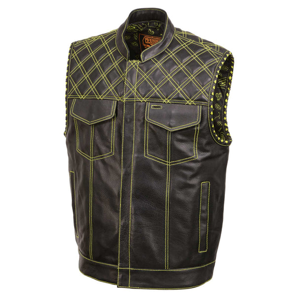 Milwaukee Leather MLM3528 Men's Black 'Paisley' Accented Neon Green Stitching Leather Vest w/Armhole Trim
