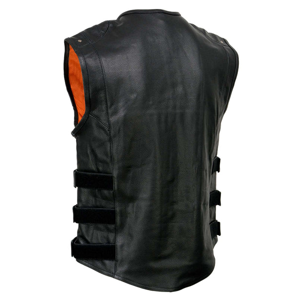 Milwaukee Leather MLM3530 Men's Black Swat Tactical Style Leather Vest Club Patch Accessible Single Panel Back Vest
