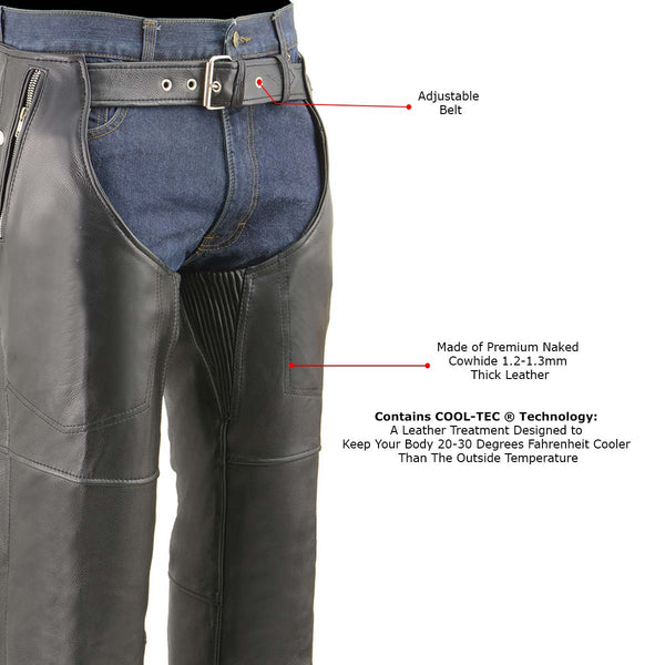 Milwaukee Leather Chaps for Men's Black Cool-Tec Naked Leather - Snap Out Thermal Lined Motorcycle Chap - MLM5505