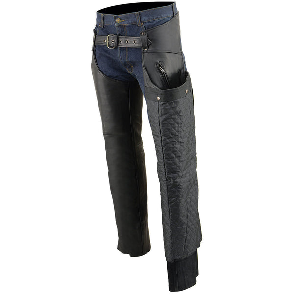 Milwaukee Leather MLM5513 Men's Black 'Heated' Motorcycle Leather Winter Chaps with Zippered Thigh Pockets