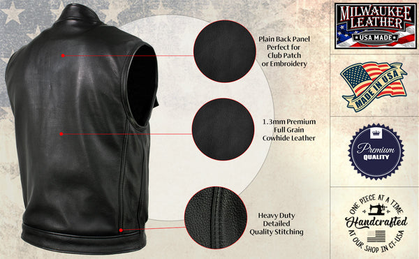 Milwaukee Leather USA MADE MLVSM5004 Men's Black 'Chaos' Premium Dual Closure Motorcycle Leather Vest