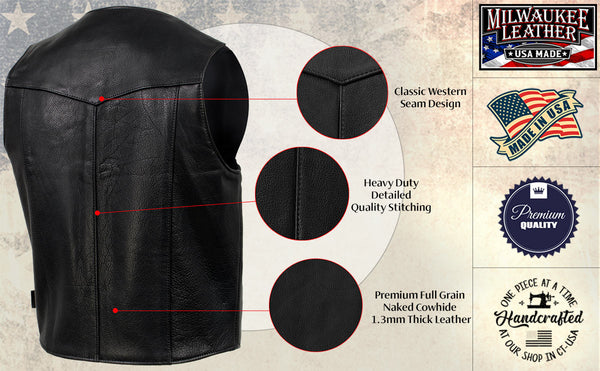 Milwaukee Leather USA MADE MLVSM5006 Men's Black 'Classic Western' Premium Motorcycle Rider Leather Vest