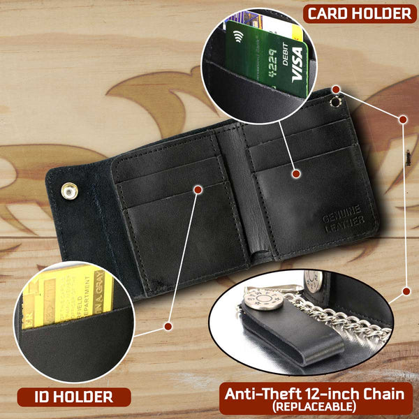 Milwaukee Leather MLW7822 Men's 4.25” Leather Bi-Fold Biker Wallet w/ Anti-Theft Stainless Steel Chain and Buffalo Nickel Snaps