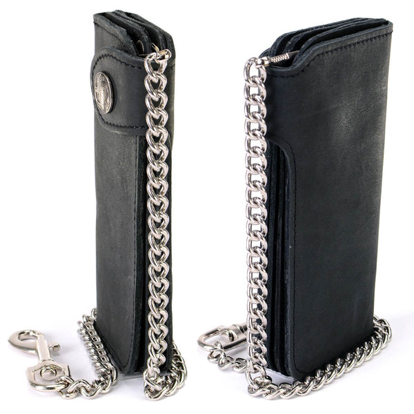 Milwaukee Leather MLW7828 Men's 6" Leather Bi-Fold Biker Wallet w/ Anti-Theft Stainless Steel Chain and Buffalo Nickel Snap