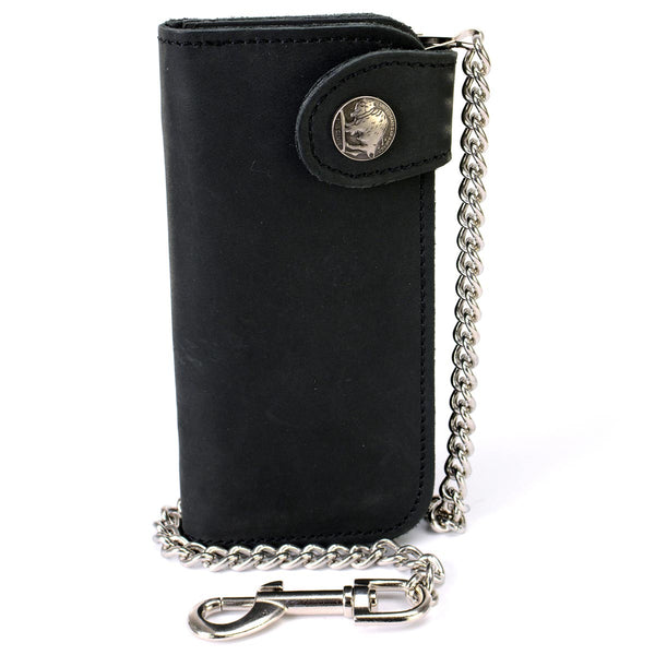 Milwaukee Leather MLW7828 Men's 6" Leather Bi-Fold Biker Wallet w/ Anti-Theft Stainless Steel Chain and Buffalo Nickel Snap