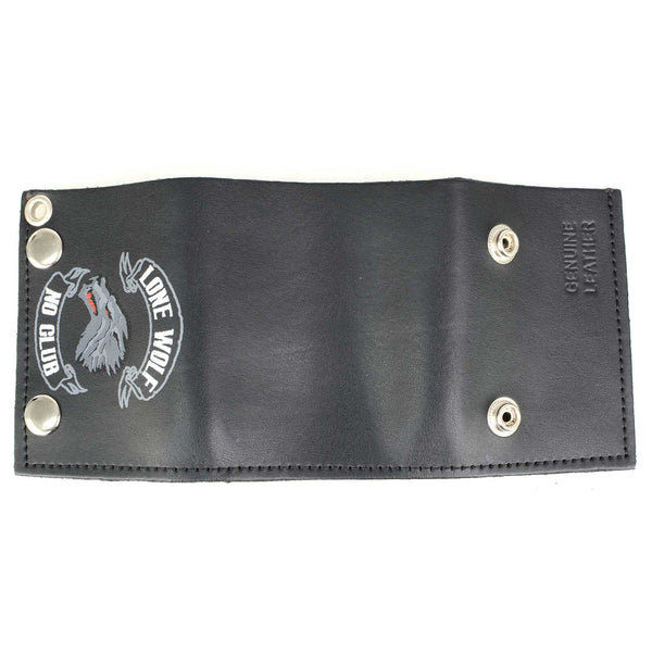 Milwaukee Leather MLW7833 Men's 4” Leather “Lone Wolf No Club” Tri-Fold Wallet w/ Anti-Theft Stainless Steel Chain