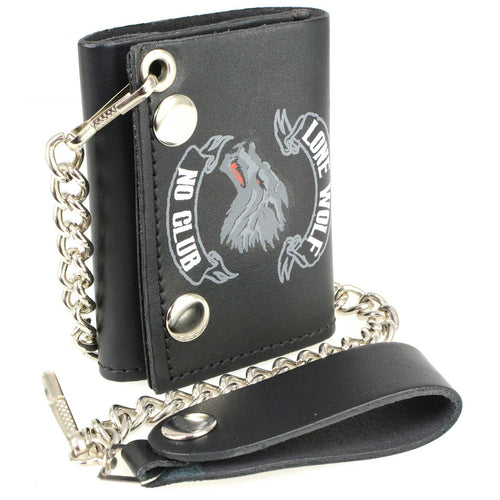 Milwaukee Leather MLW7833 Men's 4” Leather “Lone Wolf No Club” Tri-Fold Wallet w/ Anti-Theft Stainless Steel Chain