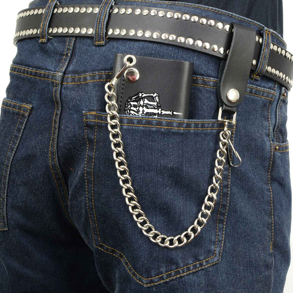 Milwaukee Leather MLW7840 Men's 4” Black Leather Biker Wallet - Tri-Fold Anti - Theft Stainless Steel Chain w/ "Skeleton Finger"