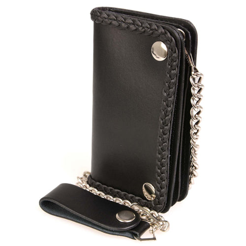 Milwaukee Leather MLW7881 Men's 6” Long Leather “Braided” Bi-Fold Biker Wallet w/ Anti-Theft Stainless Steel Chain