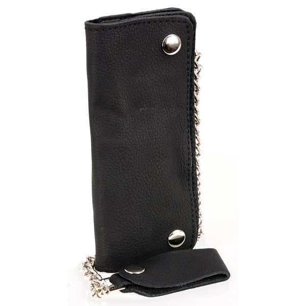 Milwaukee Leather MLW7889 Men's 7.5” Black Naked Leather Soft Biker Wallet - Bi-Fold Anti-Theft Stainless Steel Chain