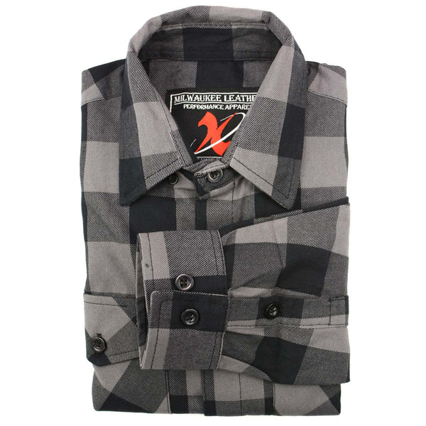 Milwaukee Leather Men's Flannel Plaid Shirt Black and Grey Long Sleeve Cotton Button Down Shirt MNG11630