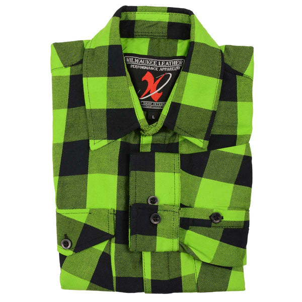 Milwaukee Leather Men's Flannel Plaid Shirt Black and Neon Green Long Sleeve Cotton Button Down Shirt MNG11632