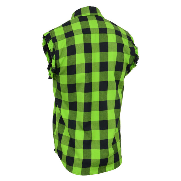 Milwaukee Leather MNG11691 Men’s Classic Black and Green Button-Down Flannel Cut Off Frayed Sleeveless Casual Shirt