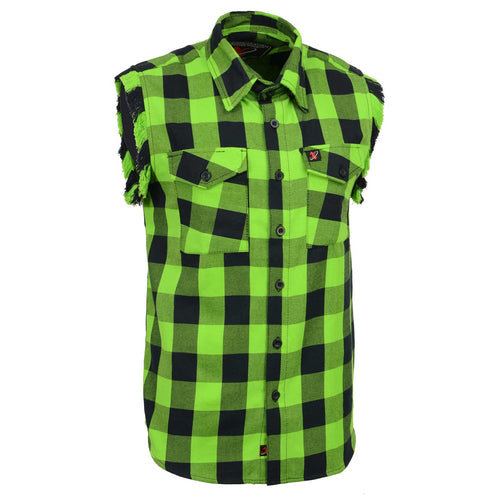 Milwaukee Leather MNG11691 Men’s Classic Black and Green Button-Down Flannel Cut Off Frayed Sleeveless Casual Shirt
