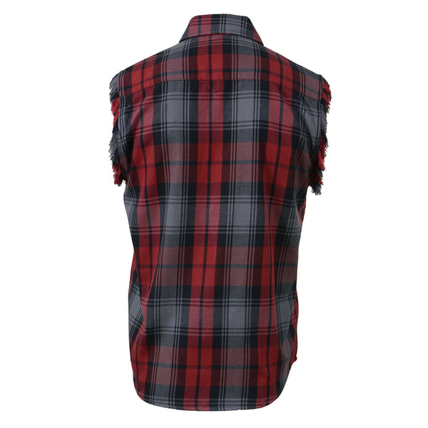 Milwaukee Leather MNG11696 Men’s Classic Black and Grey with Red Button-Down Flannel Cut Off Frayed Sleeveless Casual Shirt