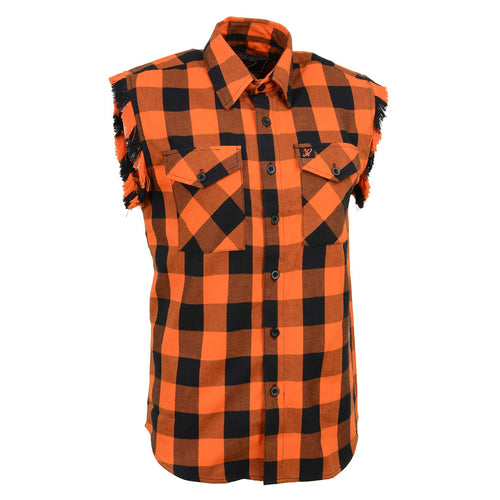 Milwaukee Leather MNG11698 Men’s Classic Black and Orange Button-Down Flannel Cut Off Frayed Sleeveless Casual Shirt