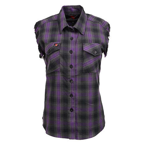 Milwaukee Leather MNG21624 Women's Flannel Black/Purple Button Sleeveless Cut Off Shirt w/ Frill Arms