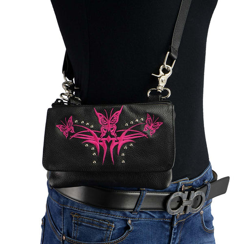 Milwaukee Leather MP8851 Women's Black and Pink Leather Multi Pocket Belt Bag