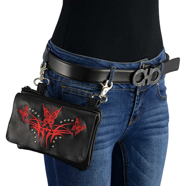 Milwaukee Leather MP8851 Women's Black and Red Leather Multi Pocket Belt Bag