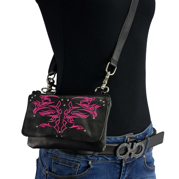 Milwaukee Leather MP8852 Women's Black and Pink Leather Multi Pocket Belt Bag