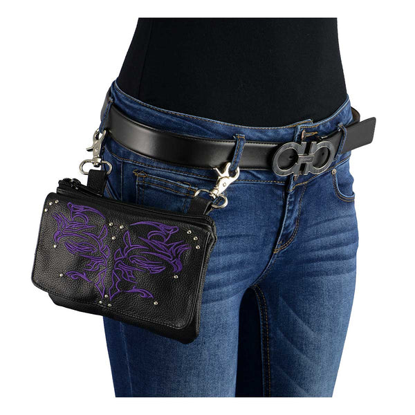 Milwaukee Leather MP8852 Women's Black and Purple Leather Multi Pocket Belt Bag