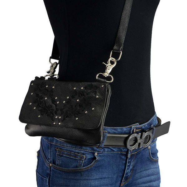 Milwaukee Leather MP8853 Women's 'Flower' Black Leather Multi Pocket Belt Bag