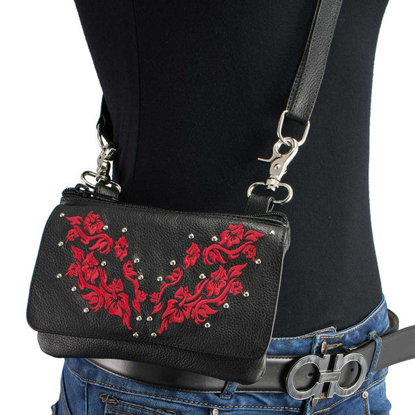 Milwaukee Leather MP8853 Women's 'Flower' Black and Red Leather Multi Pocket Belt Bag